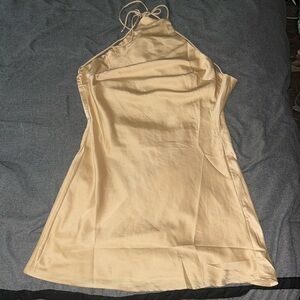 Stunning champagne, halter, satin mini dress